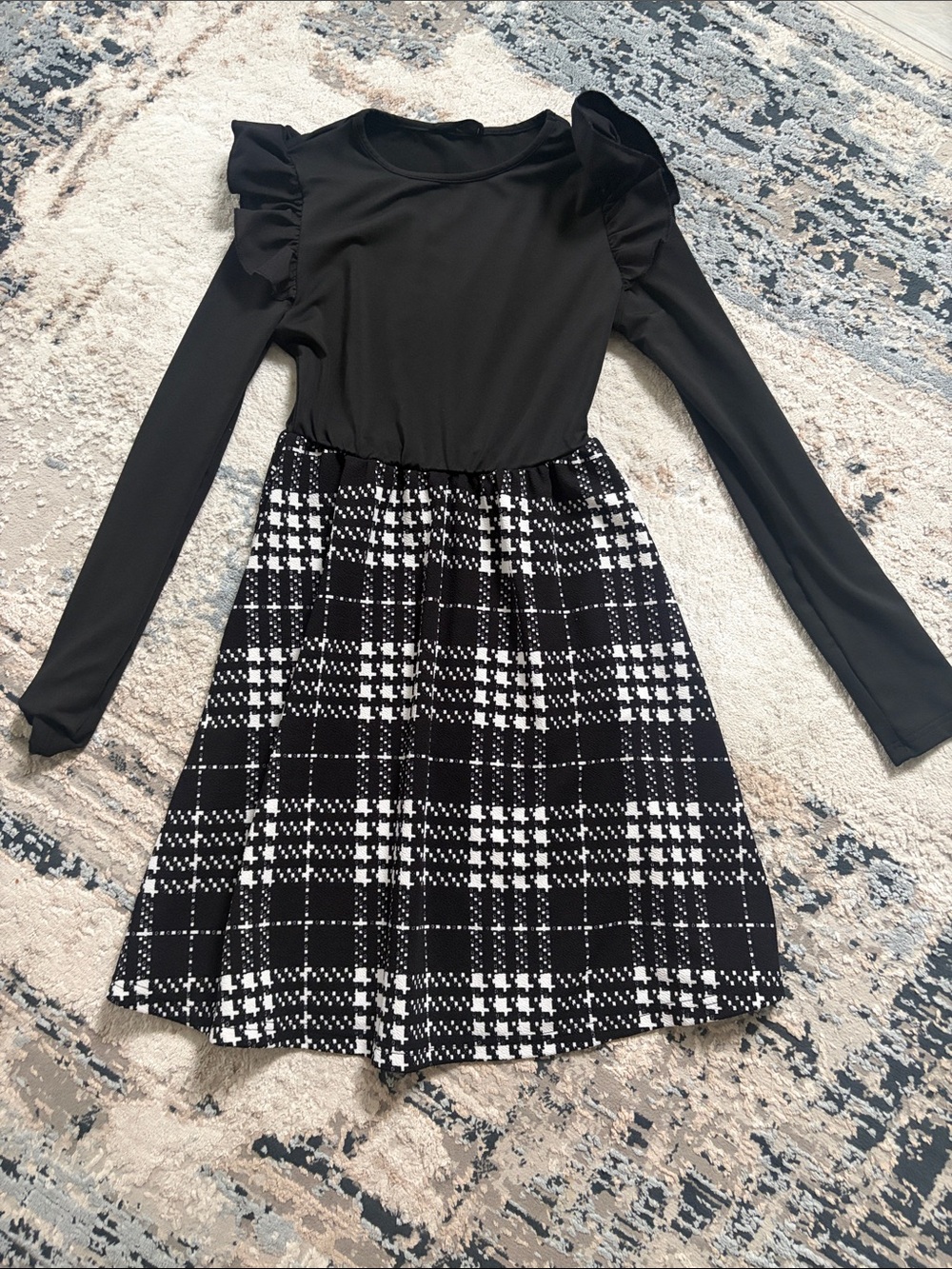 SHEIN Black Long Sleeve Dress with Black & White Plaid Skirt